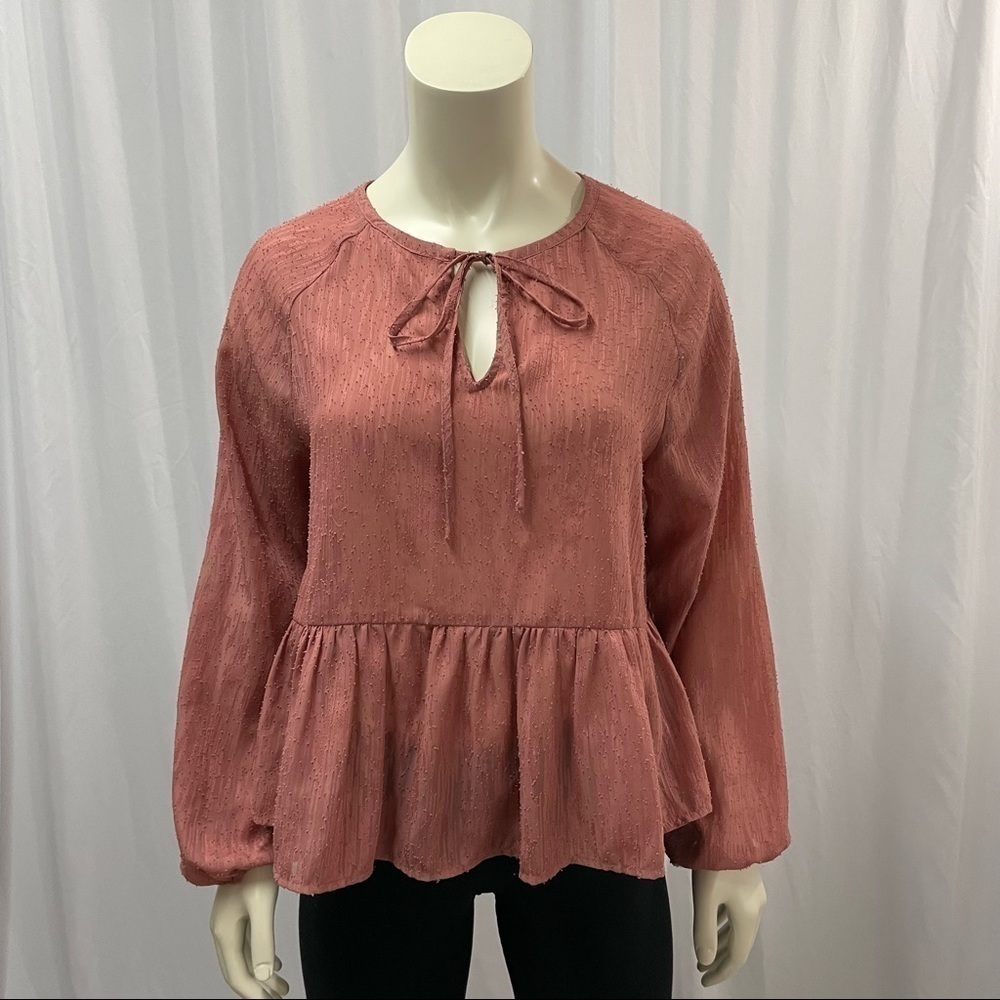 Lagenlook Minimalist Peplum Top with Balloon Sleeves, Terracotta, Size Small